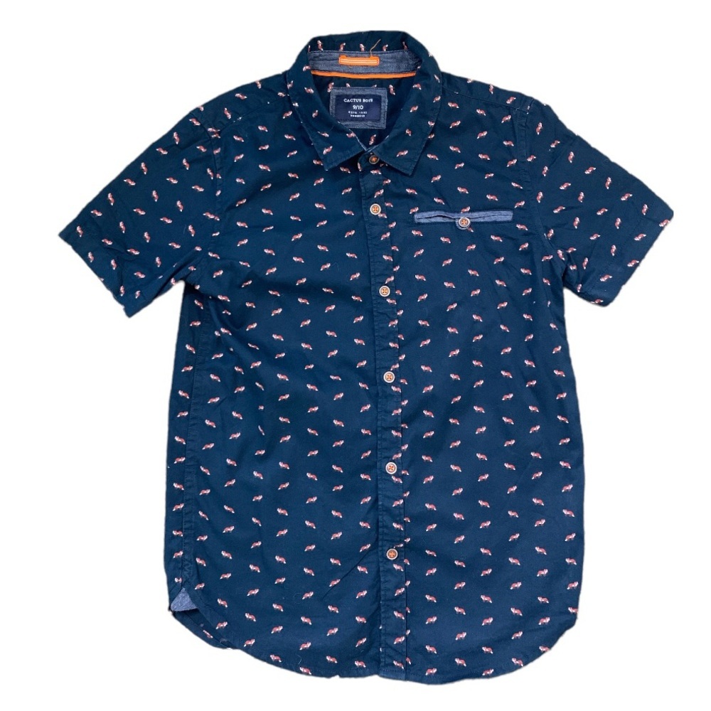 CACTUS BOYS Fox Print Button Down Shirt With Cap Sleeves Navy Blue Boys 9-10Y